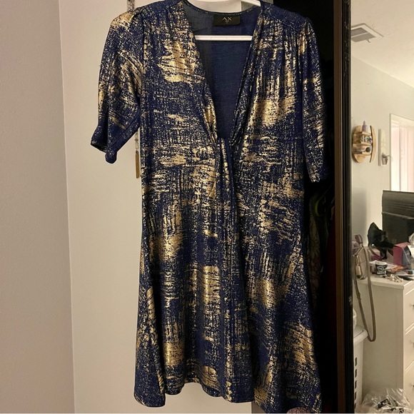 ASOS AX PARIS knot metallic gold navy dress - Picture 3 of 4